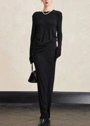 Simple Black O Neck Tops And Skirts Solid Cotton Two Pieces Set Fall