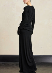 Simple Black O Neck Tops And Skirts Solid Cotton Two Pieces Set Fall