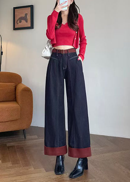 Simple Black Oversized Patchwork Denim Crop Pants Fall