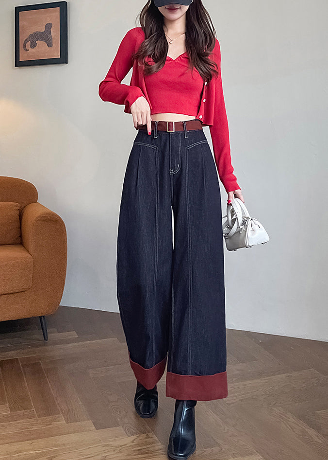 Simple Black Oversized Patchwork Denim Crop Pants Fall