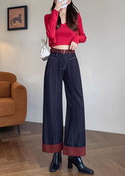 Simple Black Oversized Patchwork Denim Crop Pants Fall