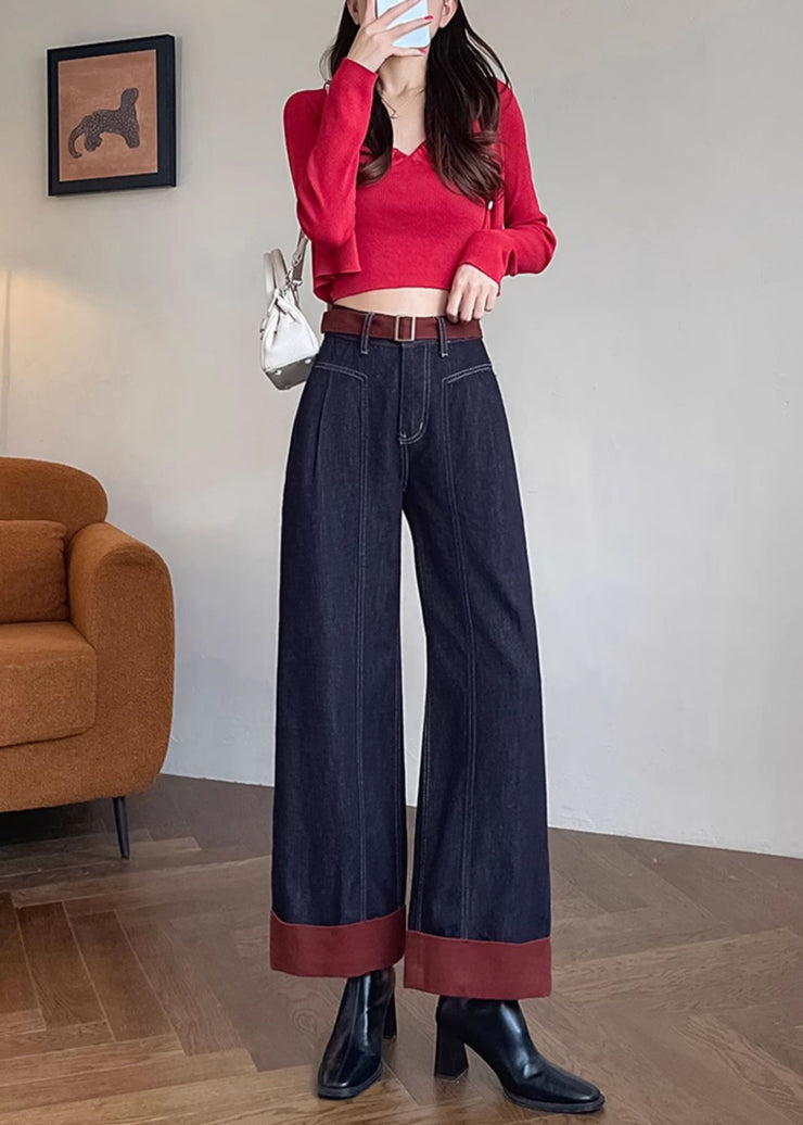 Simple Black Oversized Patchwork Denim Crop Pants Fall