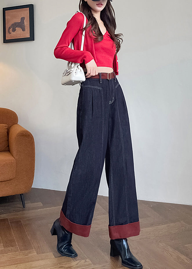 Simple Black Oversized Patchwork Denim Crop Pants Fall