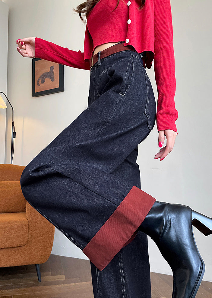 Simple Black Oversized Patchwork Denim Crop Pants Fall
