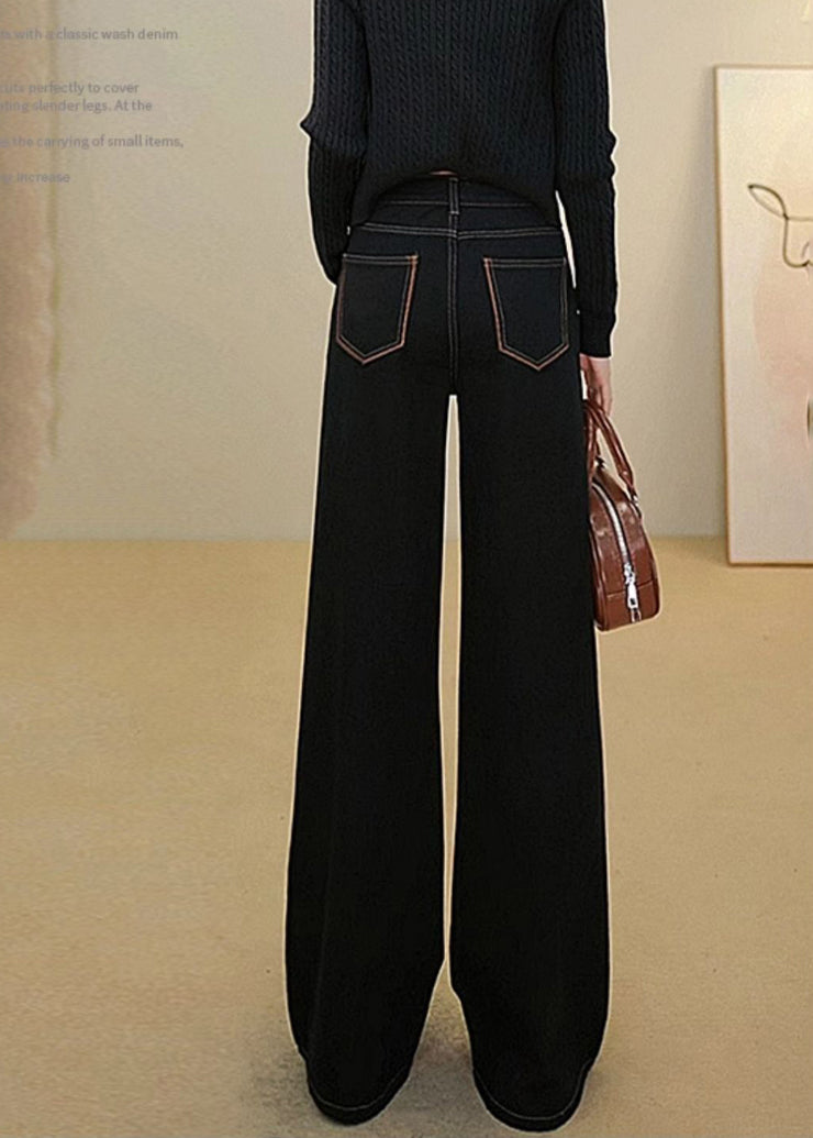Simple Black Oversized Patchwork Denim Wide Leg Pants Fall