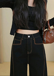 Simple Black Oversized Patchwork Denim Wide Leg Pants Fall