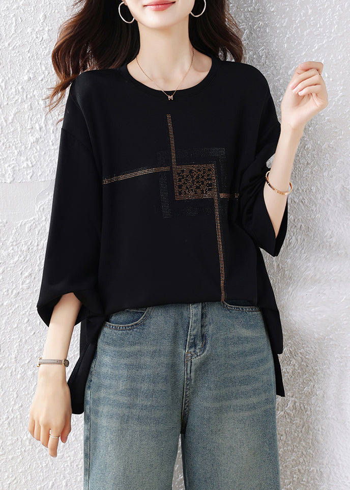 Simple Black Oversized Rhinestone Cotton Pullover Tops Fall – SooLinen