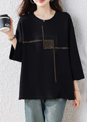 Simple Black Oversized Rhinestone Cotton Pullover Tops Fall