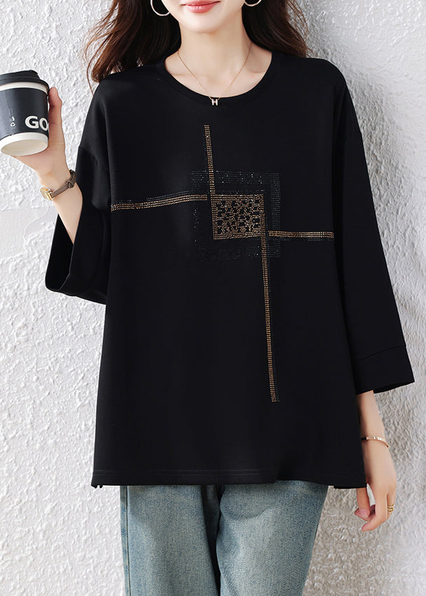 Simple Black Oversized Rhinestone Cotton Pullover Tops Fall