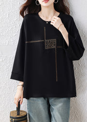 Simple Black Oversized Rhinestone Cotton Pullover Tops Fall