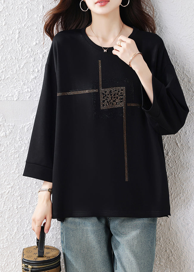 Simple Black Oversized Rhinestone Cotton Pullover Tops Fall