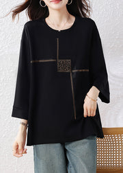 Simple Black Oversized Rhinestone Cotton Pullover Tops Fall
