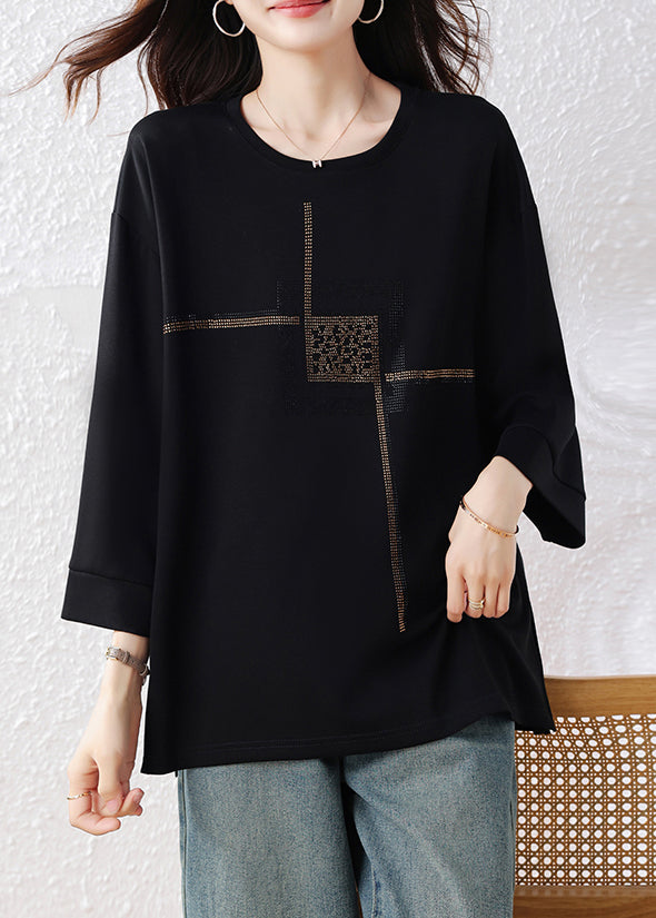 Simple Black Oversized Rhinestone Cotton Pullover Tops Fall