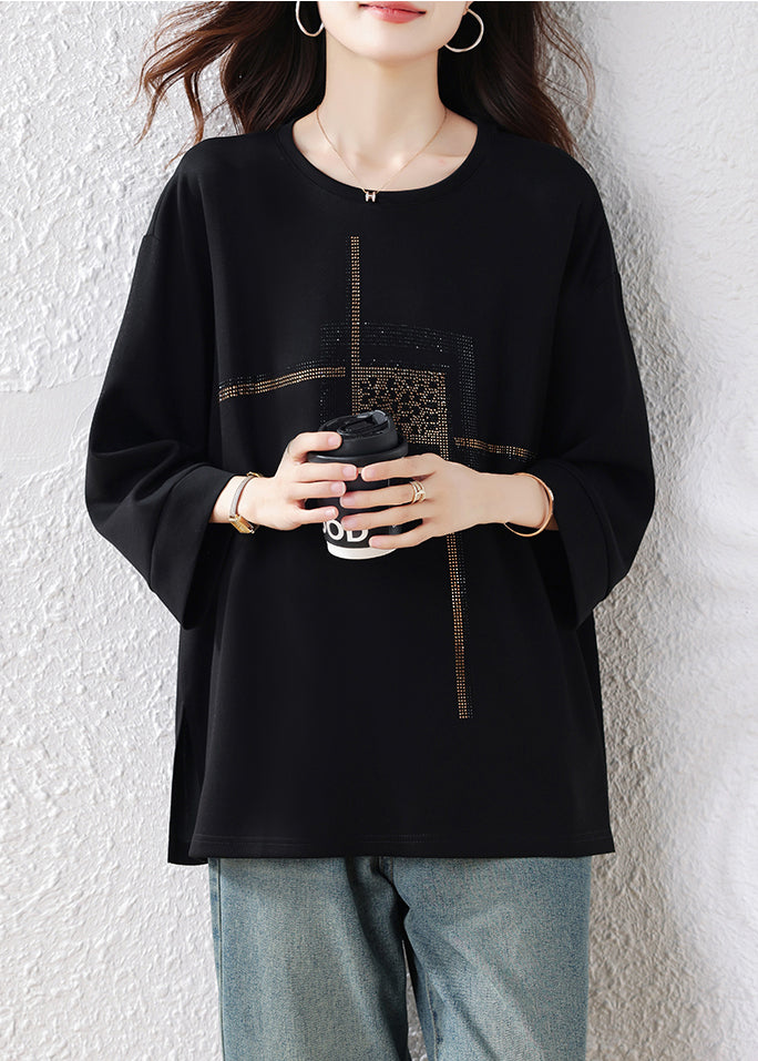 Simple Black Oversized Rhinestone Cotton Pullover Tops Fall