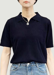 Simple Black Peter Pan Collar Solid Cotton T Shirts Summer