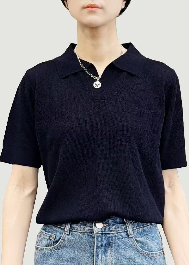Simple Black Peter Pan Collar Solid Cotton T Shirts Summer