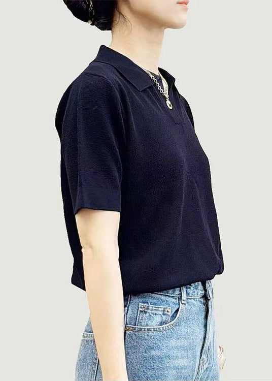 Simple Black Peter Pan Collar Solid Cotton T Shirts Summer
