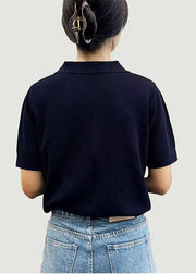 Simple Black Peter Pan Collar Solid Cotton T Shirts Summer