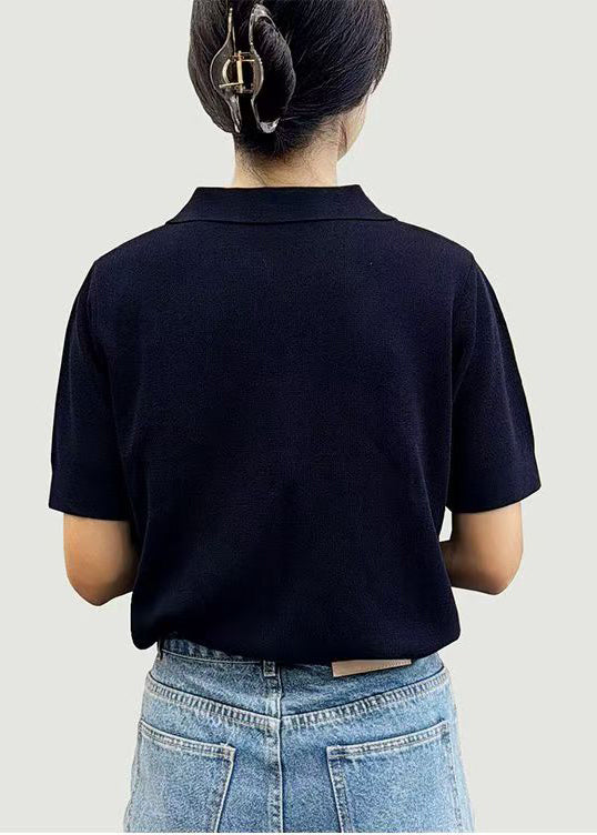 Simple Black Peter Pan Collar Solid Cotton T Shirts Summer