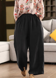 Simple Black Solid Elastic Waist Linen Pants Summer