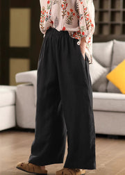 Simple Black Solid Elastic Waist Linen Pants Summer