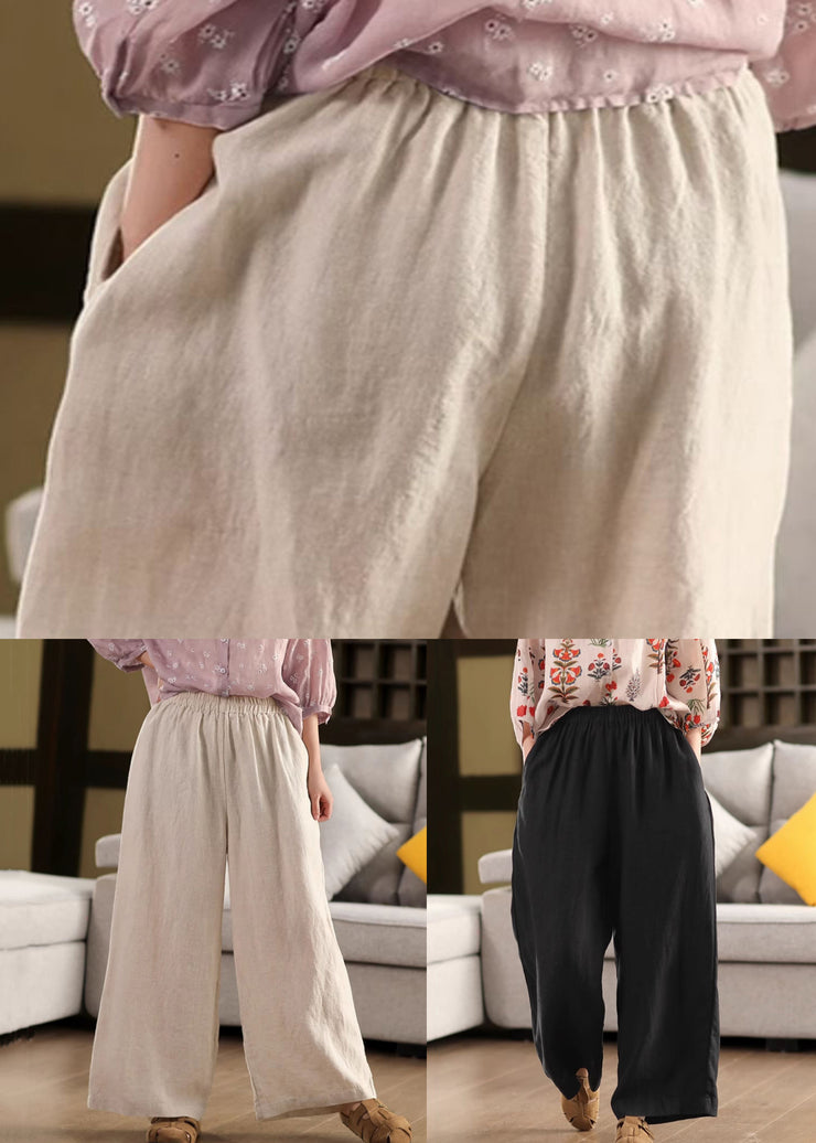 Simple Black Solid Elastic Waist Linen Pants Summer