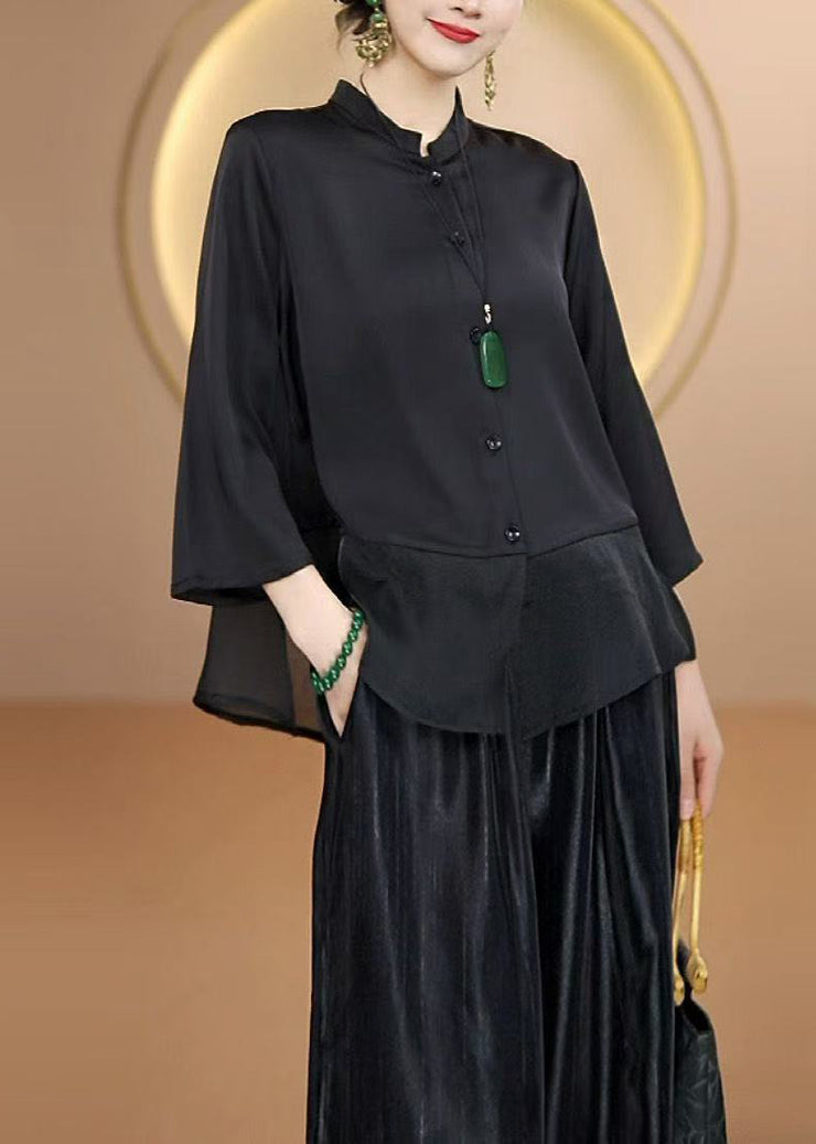 Simple Black Stand Collar Button Patchwork Silk Tops Fall