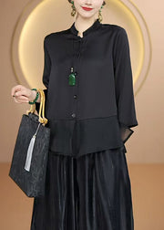 Simple Black Stand Collar Button Patchwork Silk Tops Fall