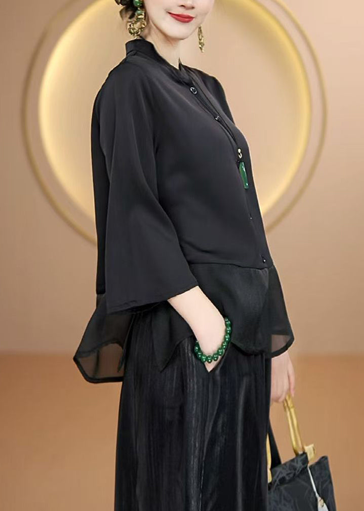 Simple Black Stand Collar Button Patchwork Silk Tops Fall