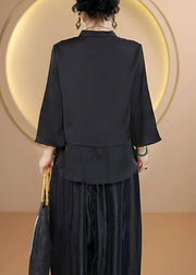 Simple Black Stand Collar Button Patchwork Silk Tops Fall