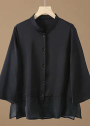 Simple Black Stand Collar Button Patchwork Silk Tops Fall