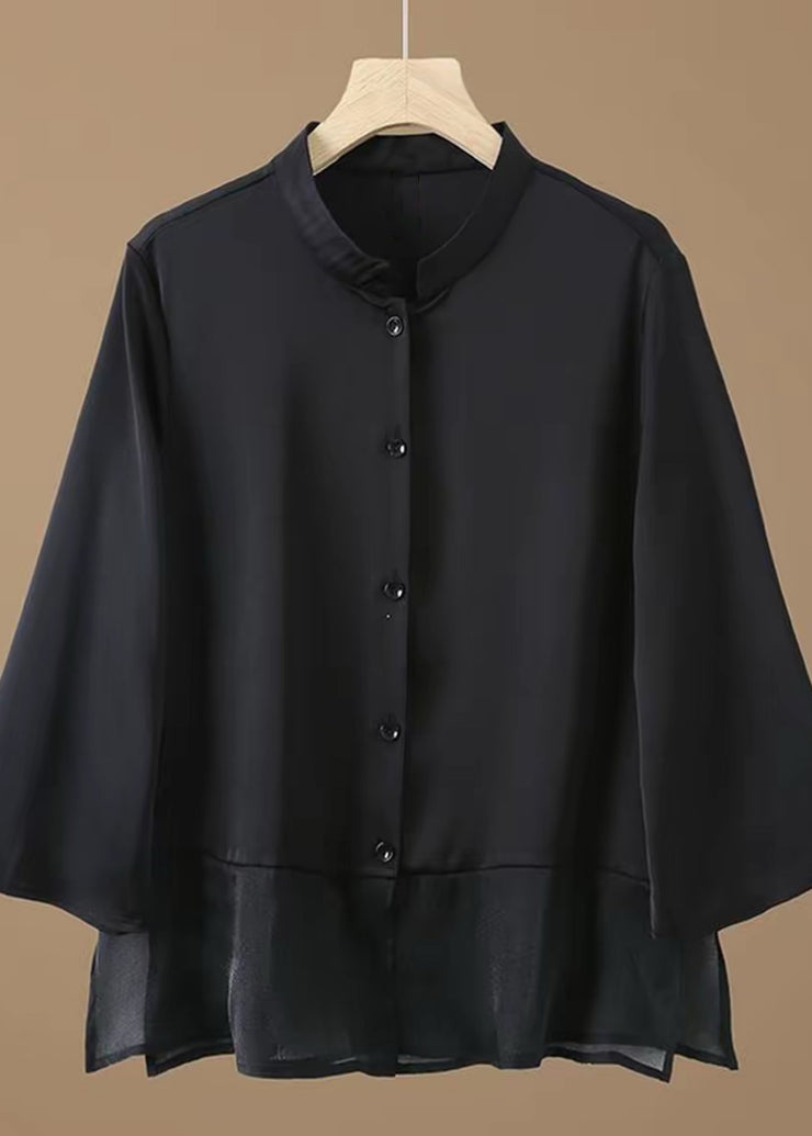Simple Black Stand Collar Button Patchwork Silk Tops Fall