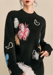 Simple Black Stand Collar Print Butterfly Cozy Cotton Knit Sweater Tops Fall