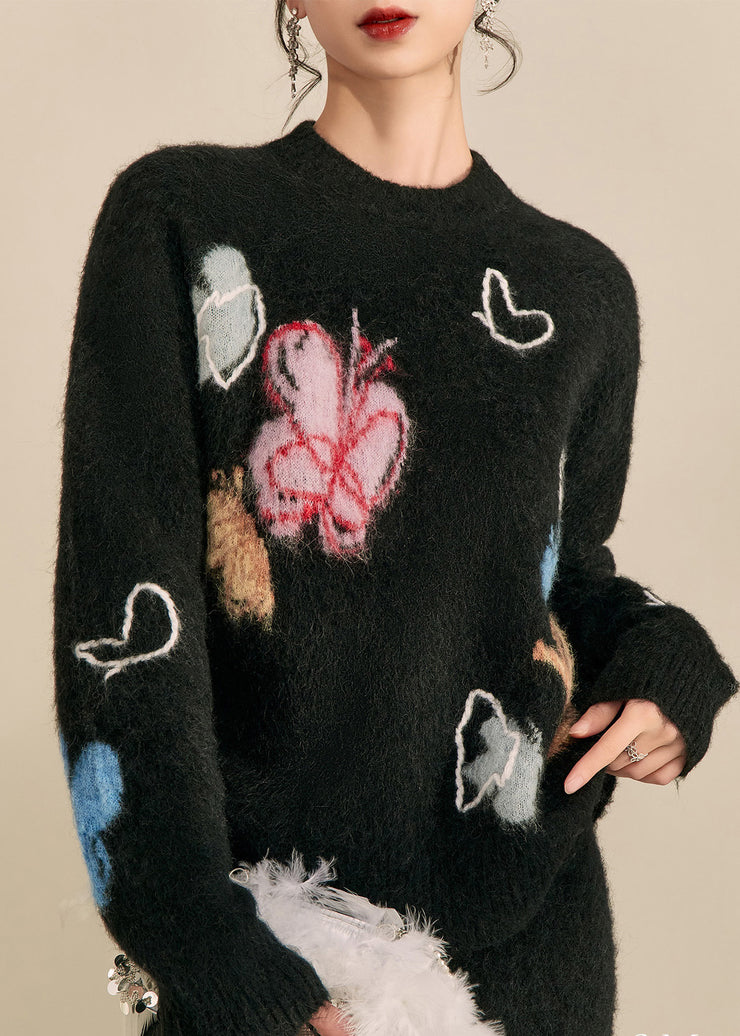 Simple Black Stand Collar Print Butterfly Cozy Cotton Knit Sweater Tops Fall