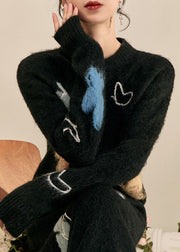 Simple Black Stand Collar Print Butterfly Cozy Cotton Knit Sweater Tops Fall