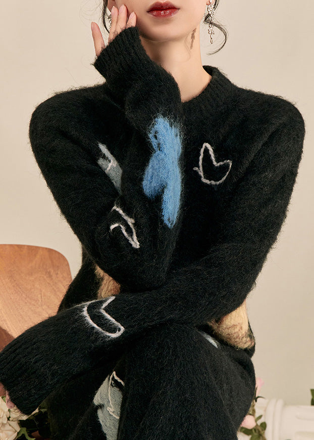 Simple Black Stand Collar Print Butterfly Cozy Cotton Knit Sweater Tops Fall