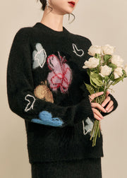 Simple Black Stand Collar Print Butterfly Cozy Cotton Knit Sweater Tops Fall