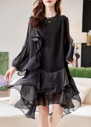 Simple Black Tulle Patchwork Holiday Mid Dress Lantern Sleeve
