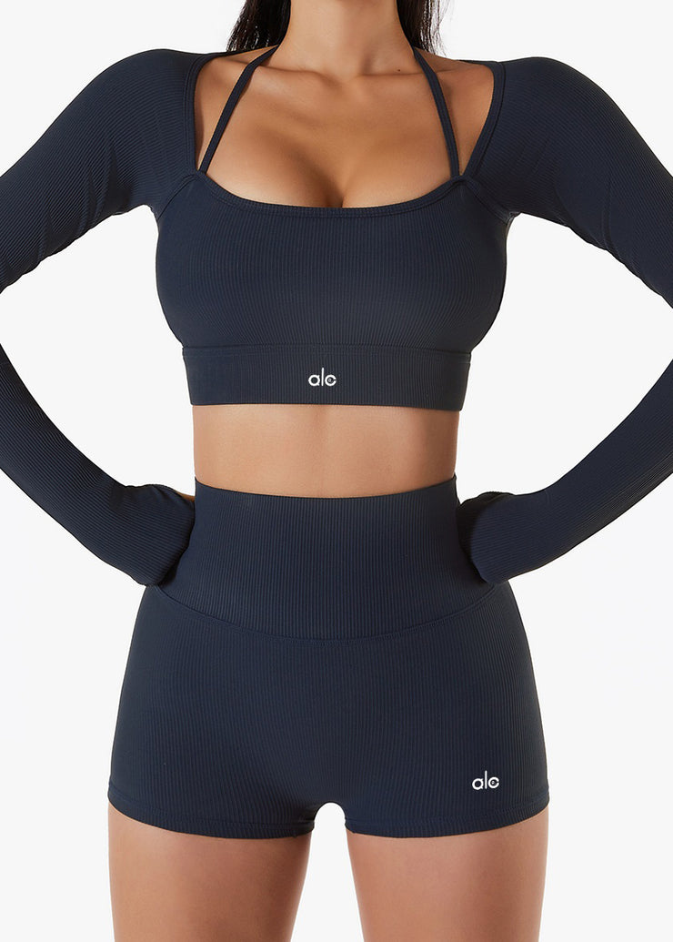Simple Black U Neck Yoga Bra And Leggings Set Suit