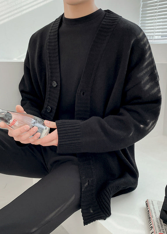 Simple Black V Neck Button Knit Mens Cardigan Spring
