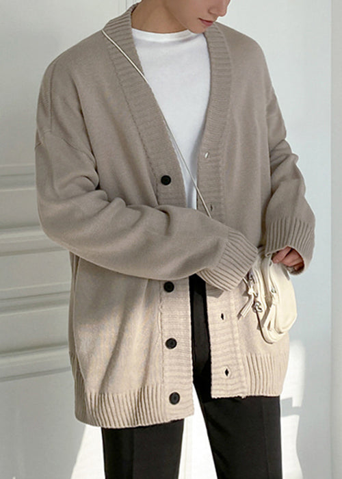 Simple Black V Neck Button Knit Mens Cardigan Spring