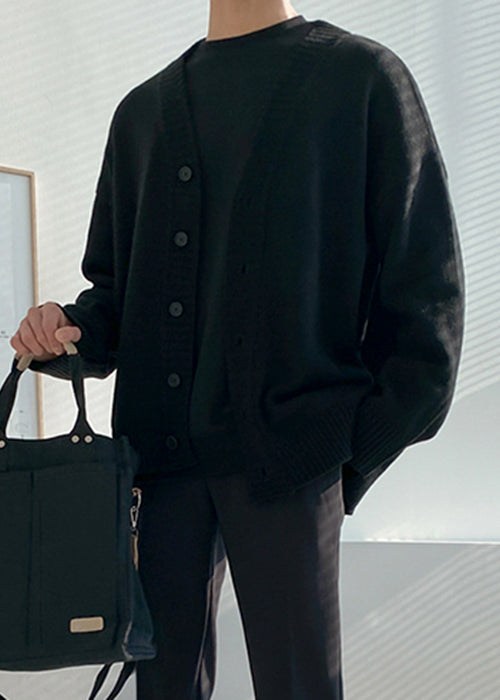 Simple Black V Neck Button Knit Mens Cardigan Spring