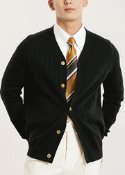 Simple Black V Neck Button Solid Knit Mens Cardigan Fall