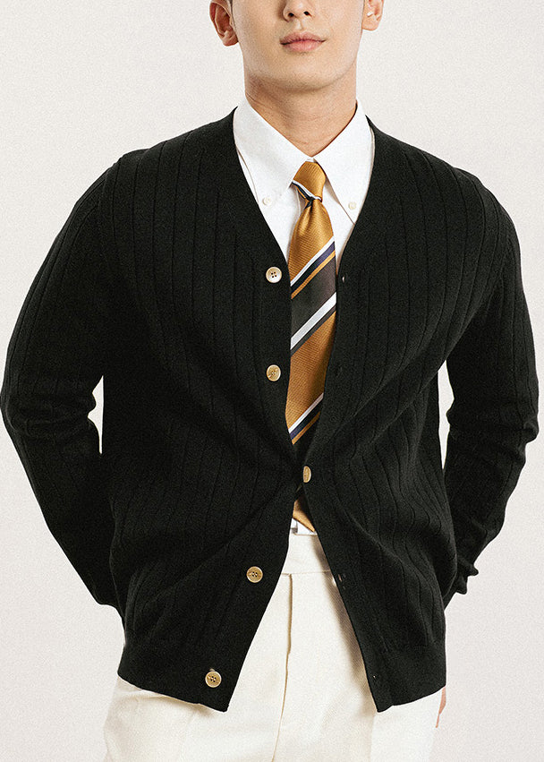 Simple Black V Neck Button Solid Knit Mens Cardigan Fall