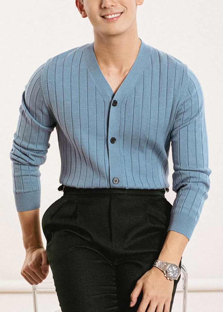 Simple Black V Neck Button Solid Knit Mens Cardigan Fall