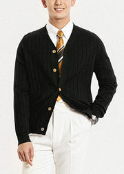 Simple Black V Neck Button Solid Knit Mens Cardigan Fall