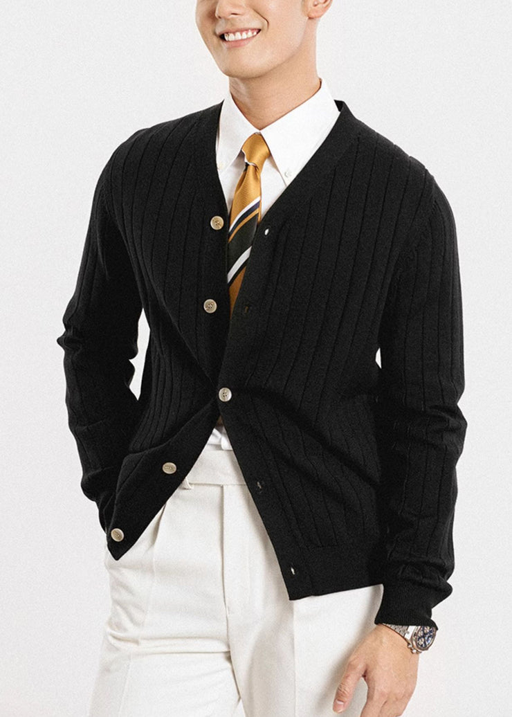 Simple Black V Neck Button Solid Knit Mens Cardigan Fall