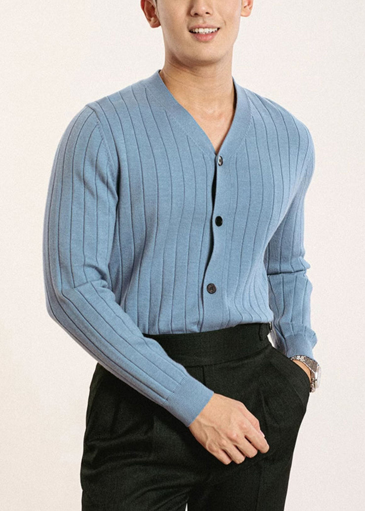 Simple Black V Neck Button Solid Knit Mens Cardigan Fall