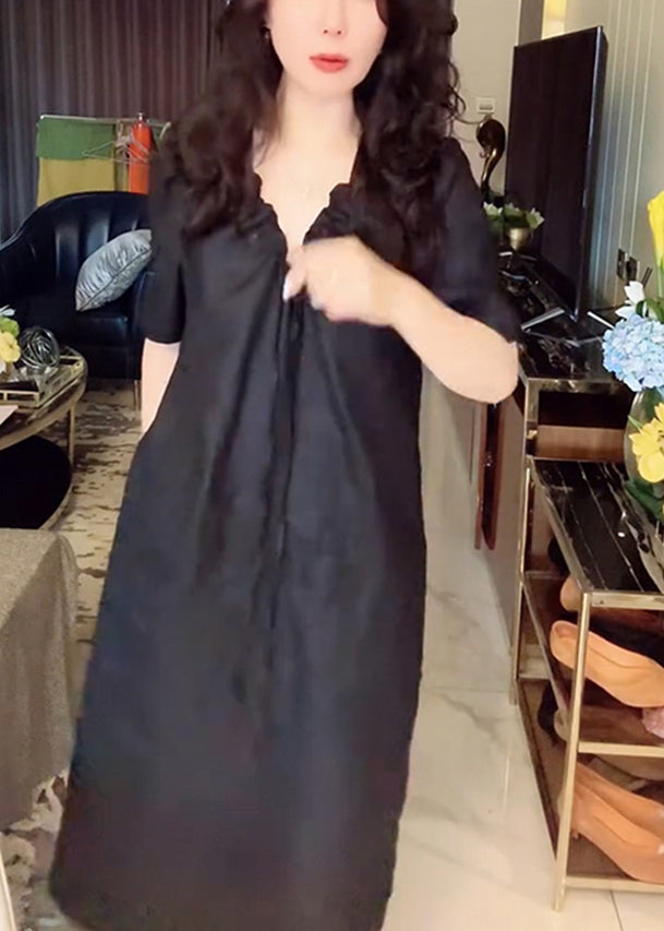 Simple Black V Neck Lace Up Pockets Linen Long Dress Summer