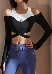 Simple Black White Patchwork Hollow Out Fake Two Pieces Spring Yoga Tops